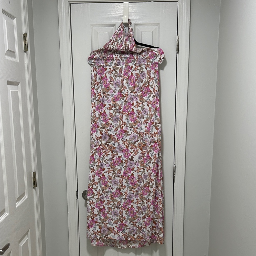 Smocked Floral Maxi Dress in Pink and Brown